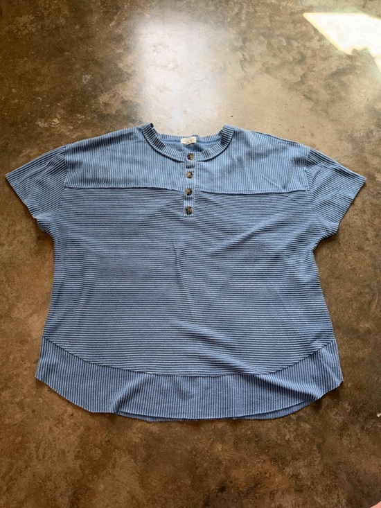 Urban Rose Tops - Urban Rose Blue Ribbed Henley Top Plus Size 2X Short Sleeve